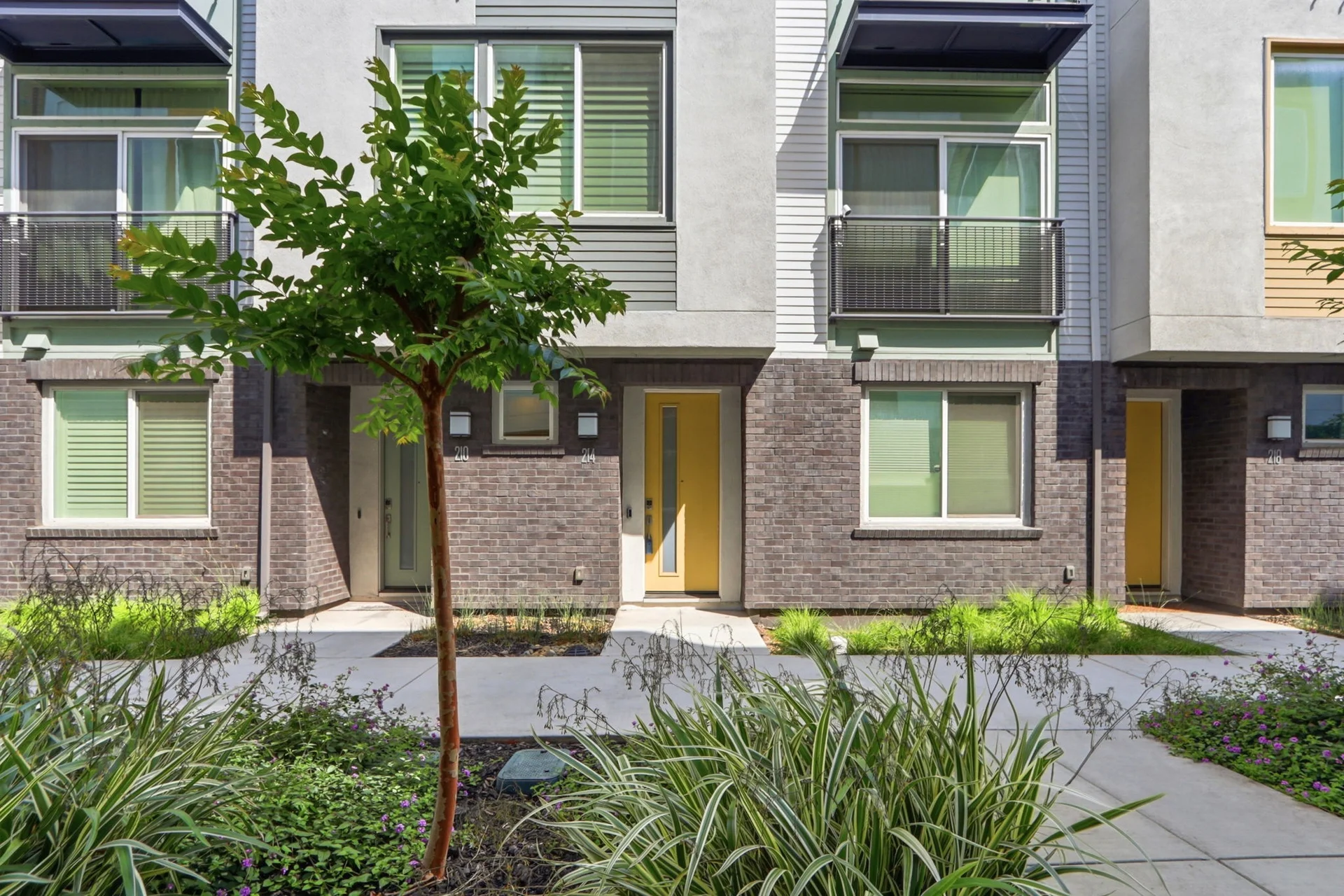 Yellow front doors along the landscaped entry walk