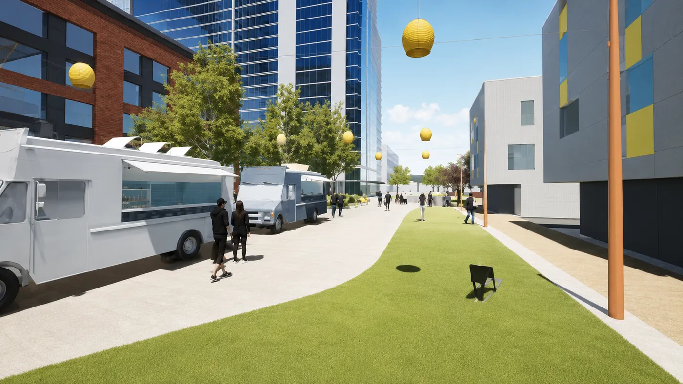 Concept visualization of a park lawn and gathering space between residential buildings