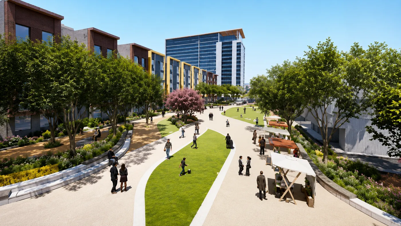 Concept visualization of a long park lawn and paths between townhomes and downtown towers