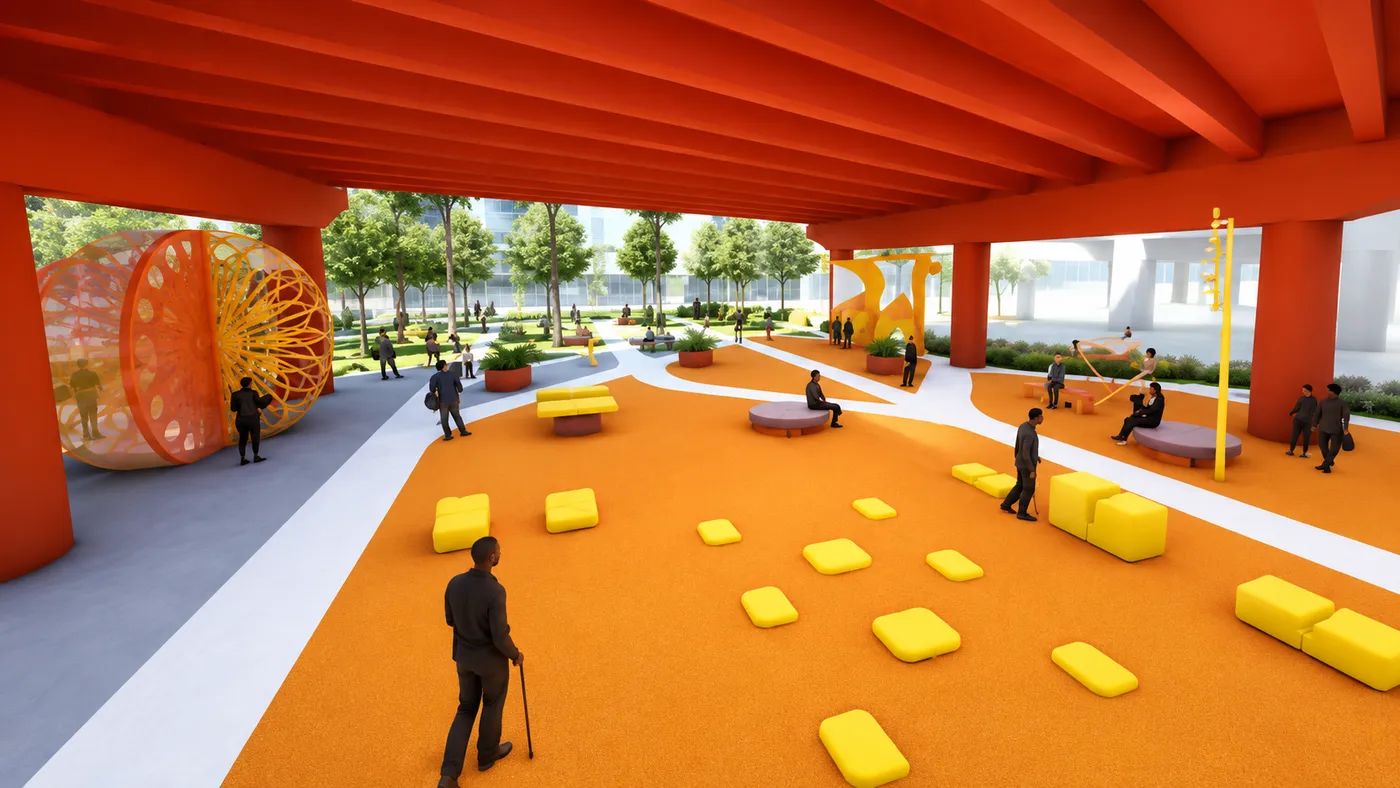 Concept visualization of a covered play plaza opening onto a tree-filled park