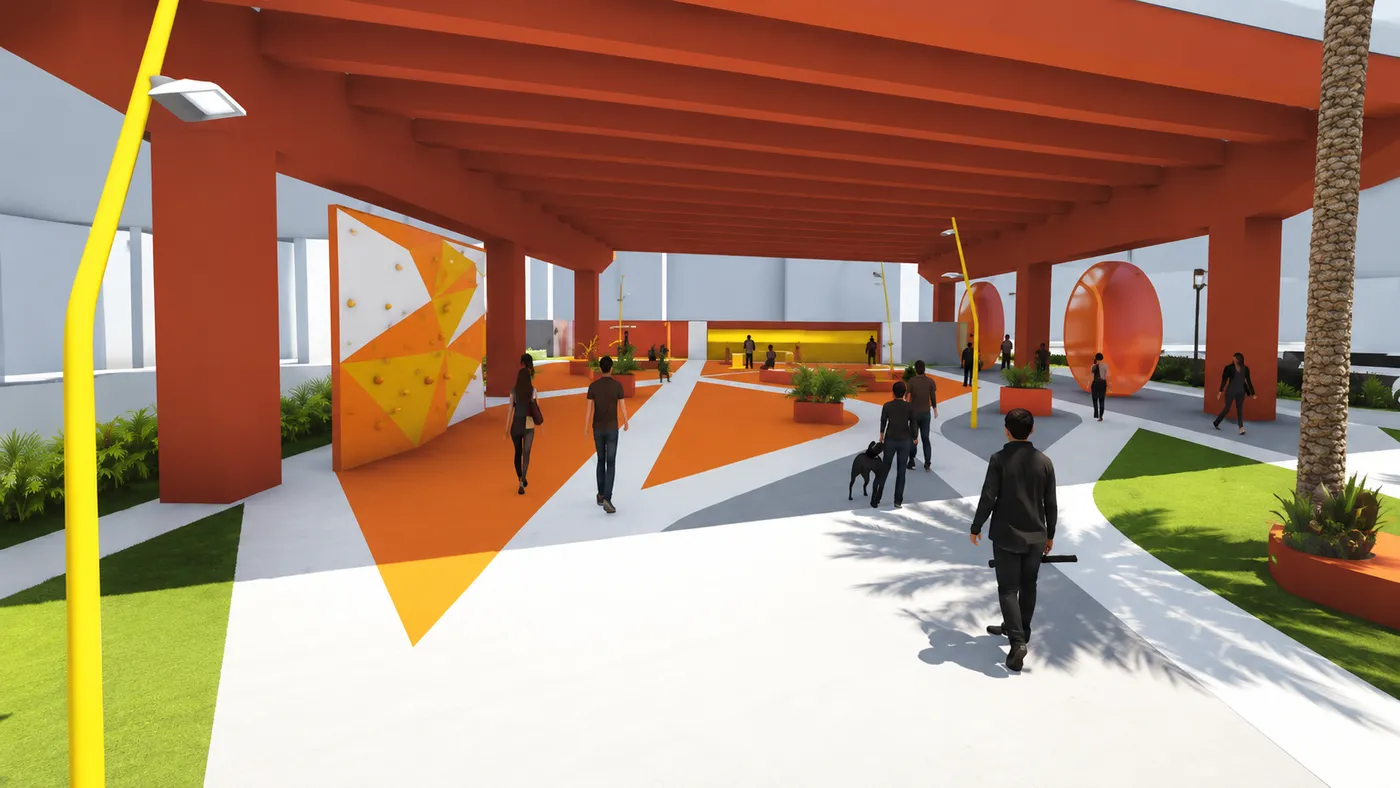 Concept visualization of an active covered plaza with bold orange and yellow forms